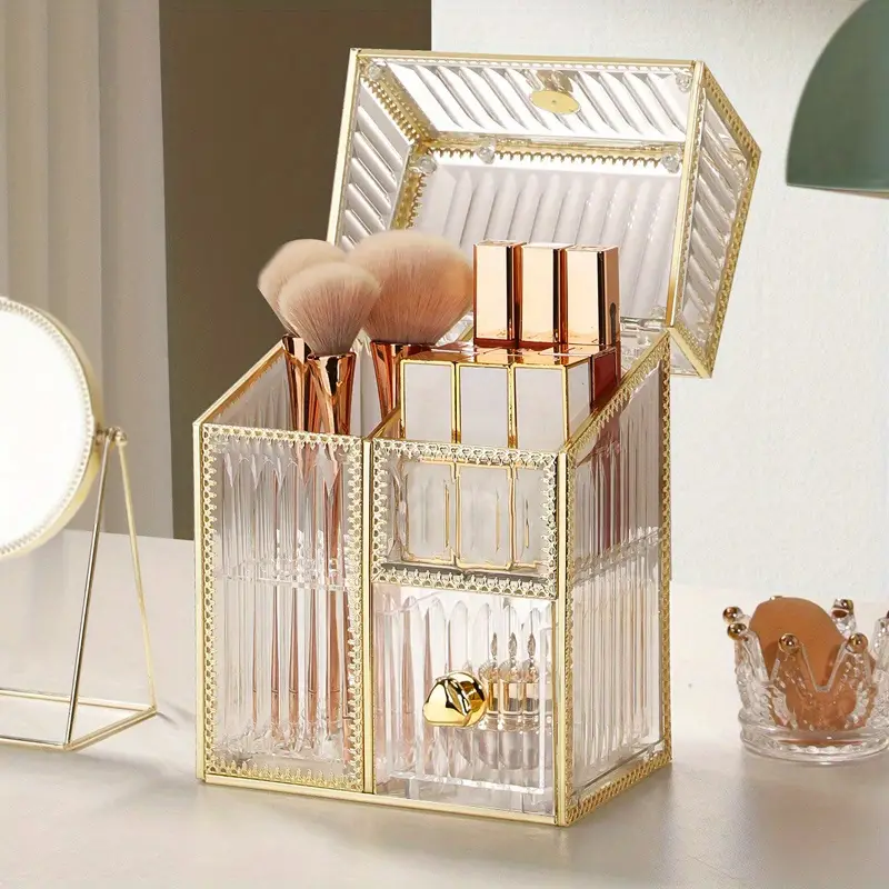 multifunctional makeup storage box with transparent gold plated frame for makeup brush pads cosmetics skincare and jewelry combinable storage box details 1