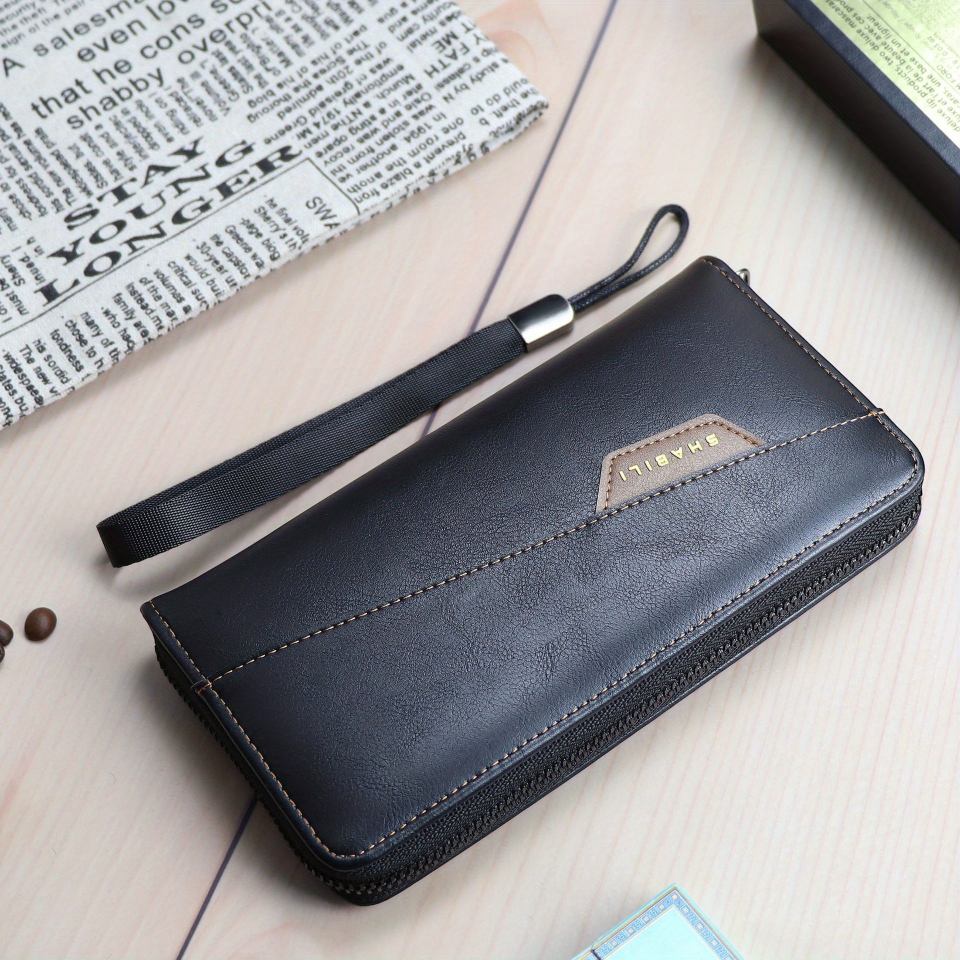 Black Leather Mens Clutch Wallet Wristlet Wallet Zipper Clutch for Men