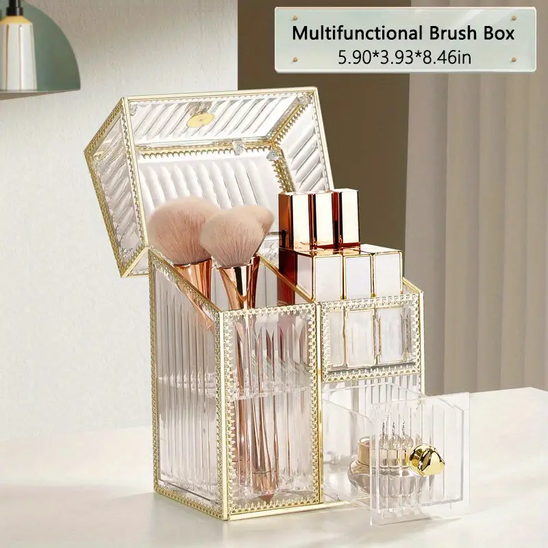 multifunctional makeup storage box with transparent gold plated frame for makeup brush pads cosmetics skincare and jewelry combinable storage box details 10