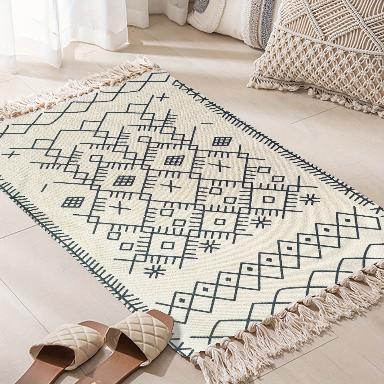 Boho Rainbow Tassel Mat, Cotton Linen, Room Decor