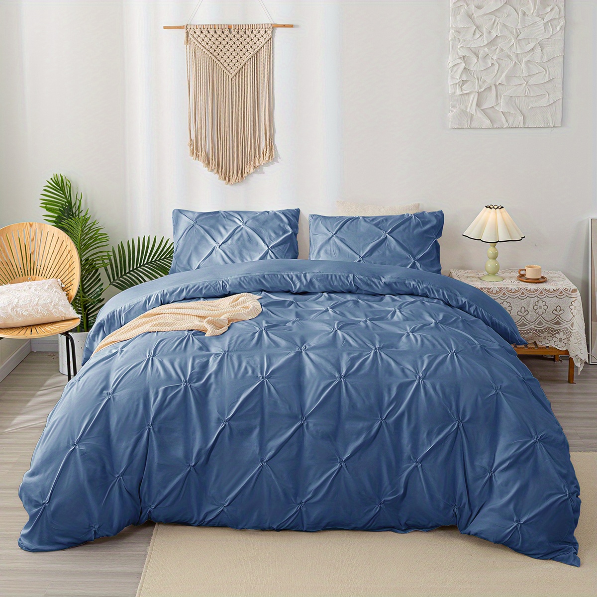 Juego de ropa de cama 3 piezas, cobertor acolchonado tamaño Queen de  algodón. Azul y blanco.