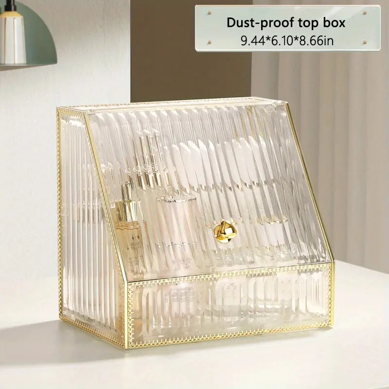 multifunctional makeup storage box with transparent gold plated frame for makeup brush pads cosmetics skincare and jewelry combinable storage box details 11