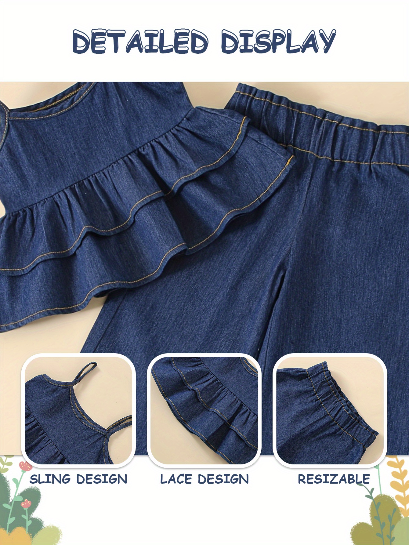 2pcs Girls Denim Ruffled Hem Cami Top & Elastic Waist Wide Leg Jeans Set Kids Summer Outdoor Clothes, Fluid Pant
