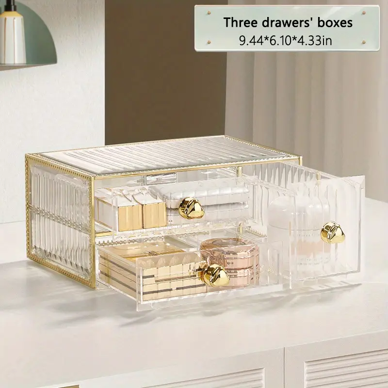 multifunctional makeup storage box with transparent gold plated frame for makeup brush pads cosmetics skincare and jewelry combinable storage box details 12