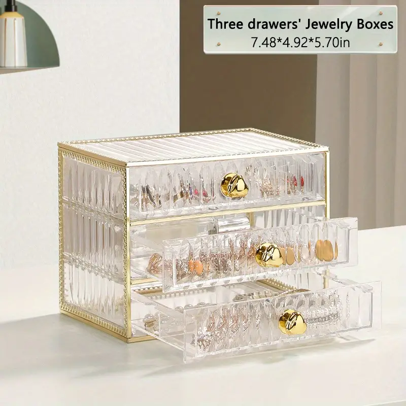 multifunctional makeup storage box with transparent gold plated frame for makeup brush pads cosmetics skincare and jewelry combinable storage box details 13