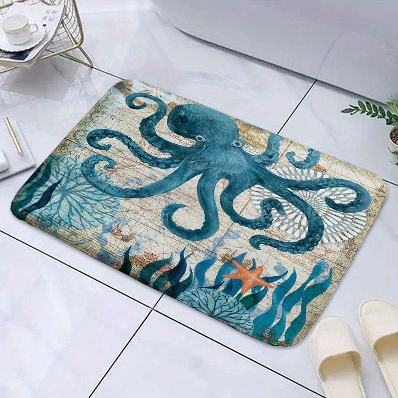 Sea Octopus Bathroom Mat, Colorful Ocean Creature Flannel Bath Rug,  Non-slip Shower Room Floor Carpet, For Home Room Bathroom Decoration - Temu
