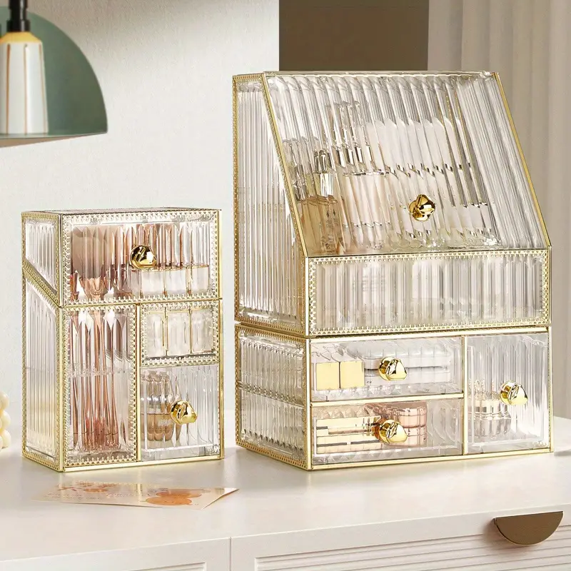 multifunctional makeup storage box with transparent gold plated frame for makeup brush pads cosmetics skincare and jewelry combinable storage box details 5