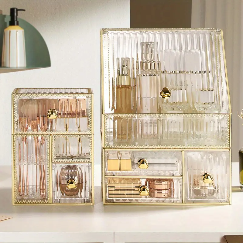 multifunctional makeup storage box with transparent gold plated frame for makeup brush pads cosmetics skincare and jewelry combinable storage box details 8