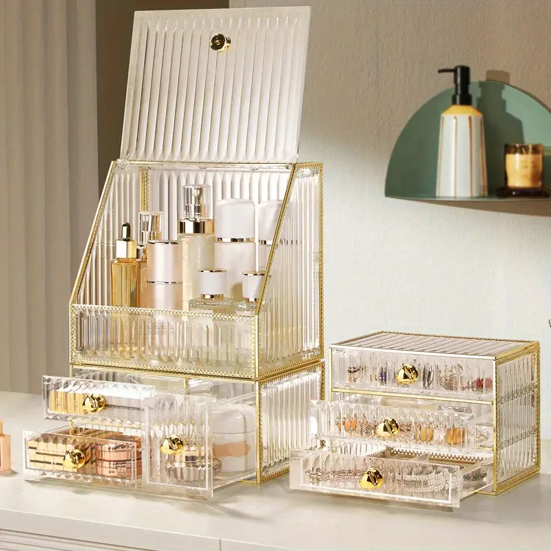 multifunctional makeup storage box with transparent gold plated frame for makeup brush pads cosmetics skincare and jewelry combinable storage box details 2