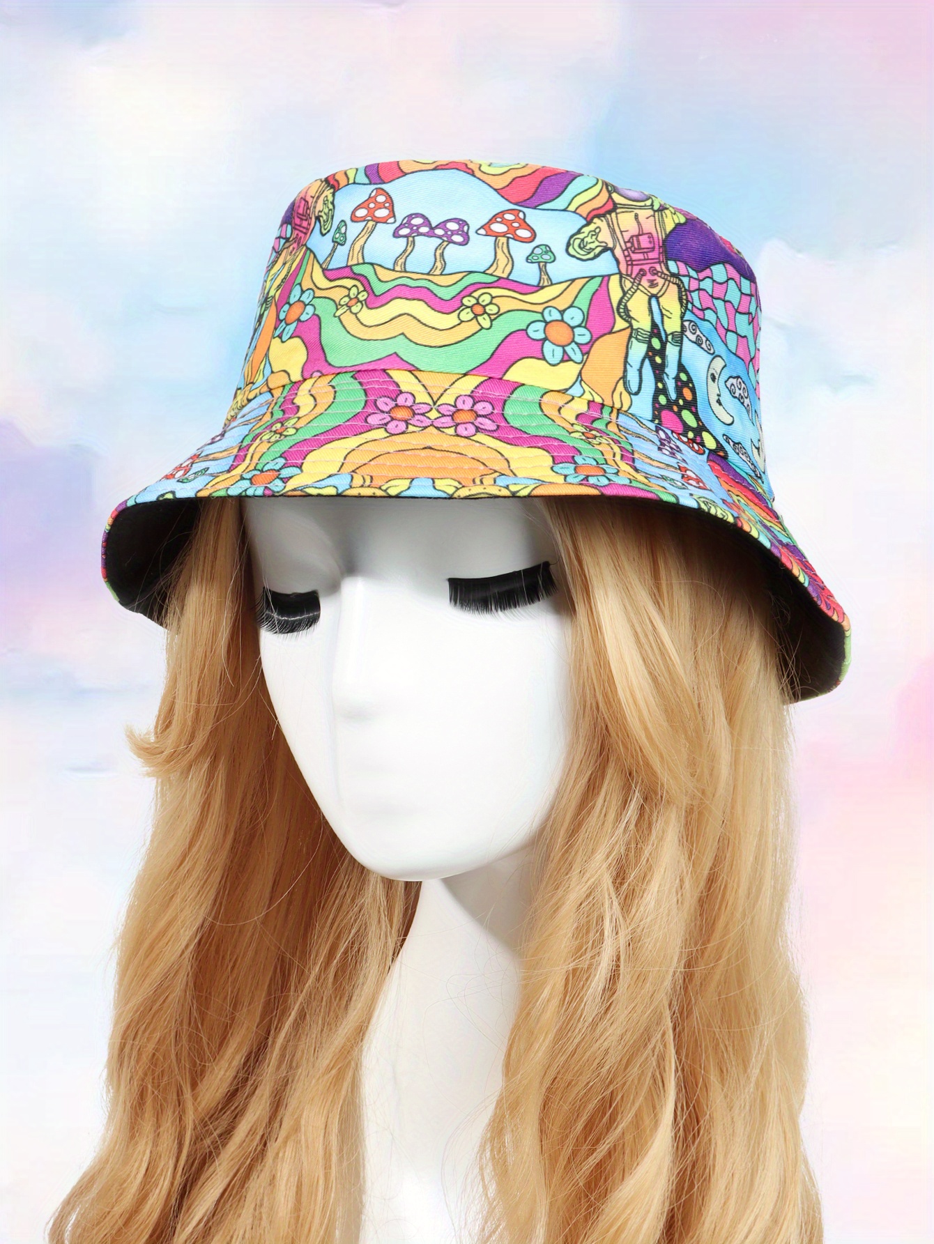 Cartoon Mushroom Print Bucket Hat Y2k Reversible Trendy - Temu