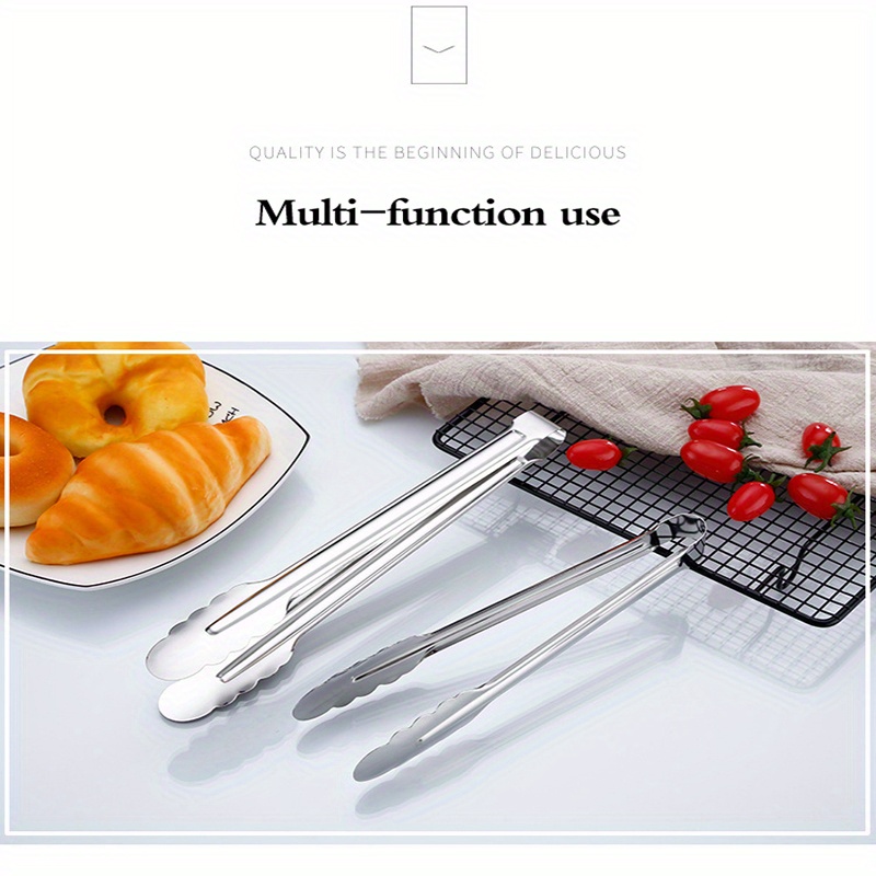 1pc food grade stainless steel kitchen tongs for cooking bbq heavy duty metal food tongs non slip grip multifunctional stainless steel food flipping tongs clip for beefsteak bread hamburger bbq meats pizza pies bread details 0