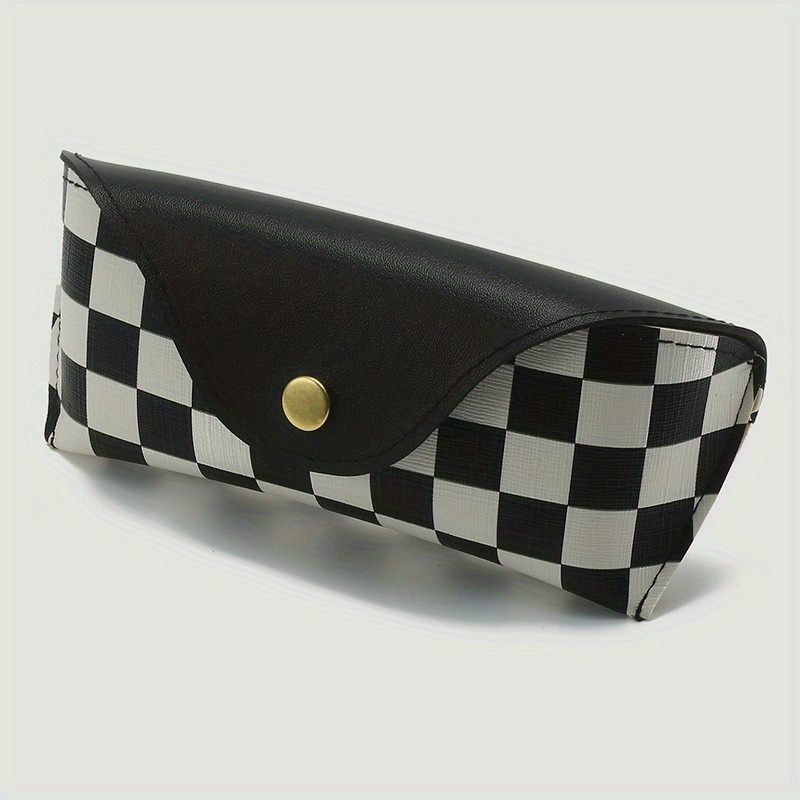 Image of U-shaped Black And White Checkered Leather Eyeglass Case With Golden-tone Button Closure, Soft Lined, For Women's Fashion Glasses Storage, Glasses Case
