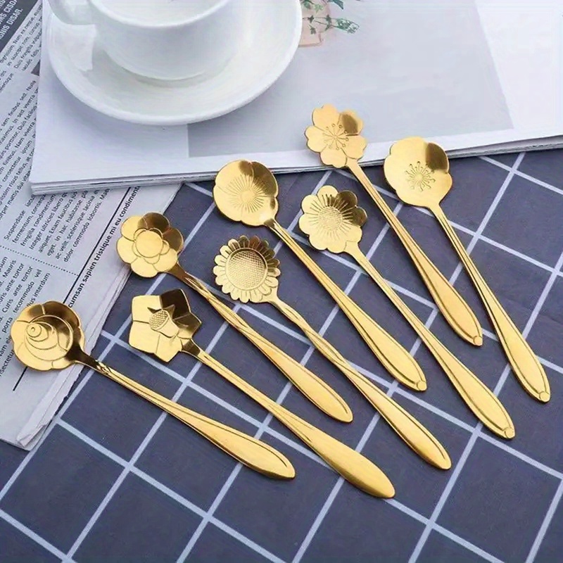 8pcs cute flower spoon set perfect for tea coffee ice cream and desserts stainless steel with golden and silver finish kitchen props for a chic and elegant dining experience details 1