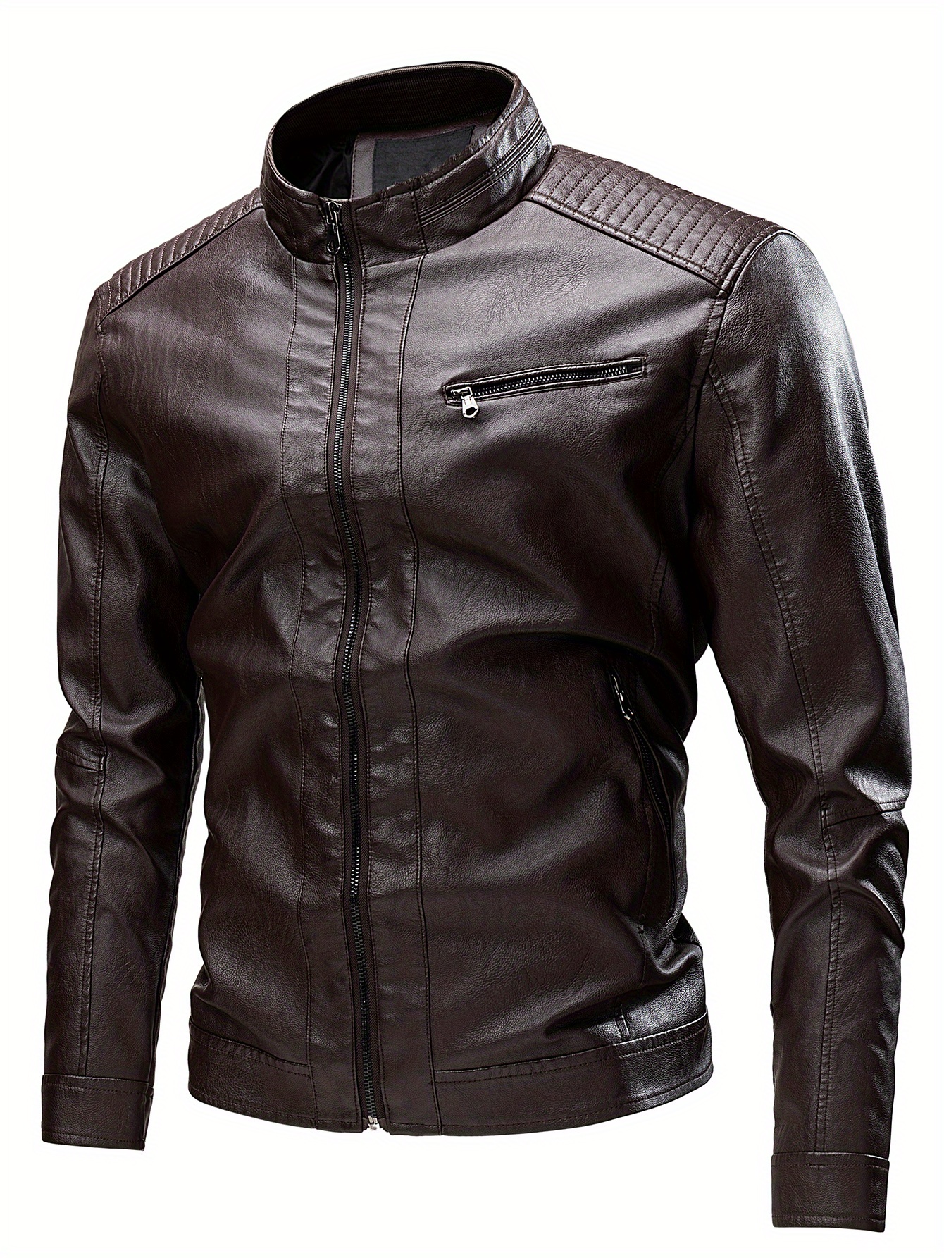 Vintage Pu Leather Jacket, Men's Casual Zip Up Stand Collar Faux