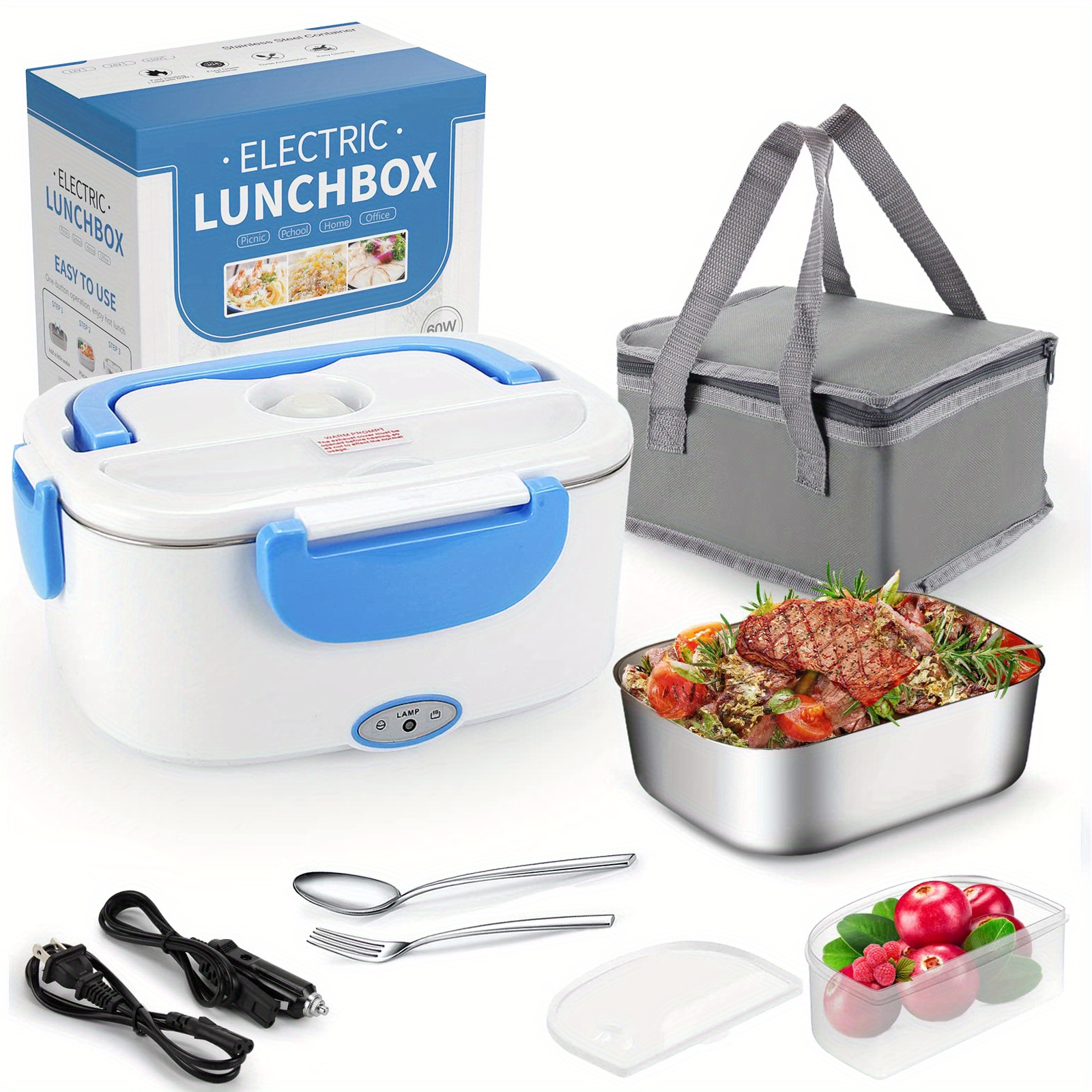 VECH Electric Heating Lunch Box Food Heater Portable Lunch Containers Warming Bento Box for Home & Office Use 110V Heat Up Lunch Box (Blue)