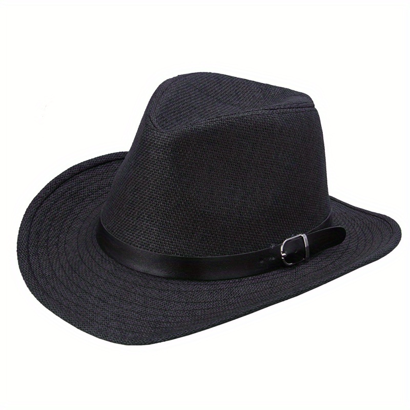 Western Cowboy Straw Fedora Belt Decor Wide Brim Sun Hat