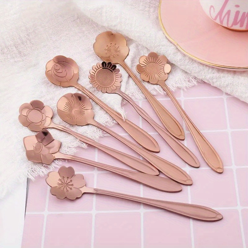 8pcs cute flower spoon set perfect for tea coffee ice cream and desserts stainless steel with golden and silver finish kitchen props for a chic and elegant dining experience details 3
