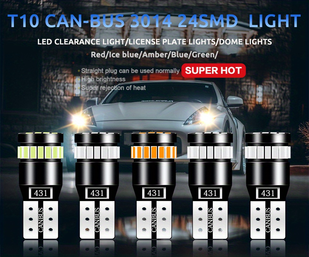 10pcs 12v T10 W2w W5W Canbus Led Bulb 24 led 3014 Smd Car Side Interior  License Plate Light 194 No Obc Error Parking Signal Lamp