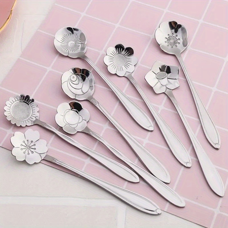 8pcs cute flower spoon set perfect for tea coffee ice cream and desserts stainless steel with golden and silver finish kitchen props for a chic and elegant dining experience details 2