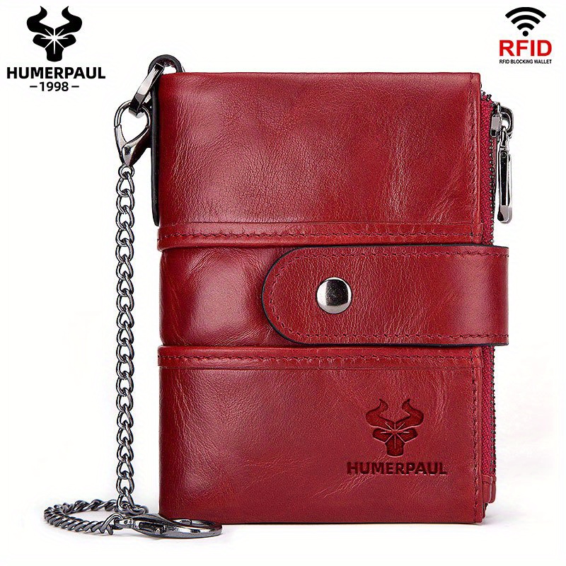 Quality Genuine Leather men Wallet Brand zipper Man Purse Vintage cow  leather Male card Coin Bag with iron chain