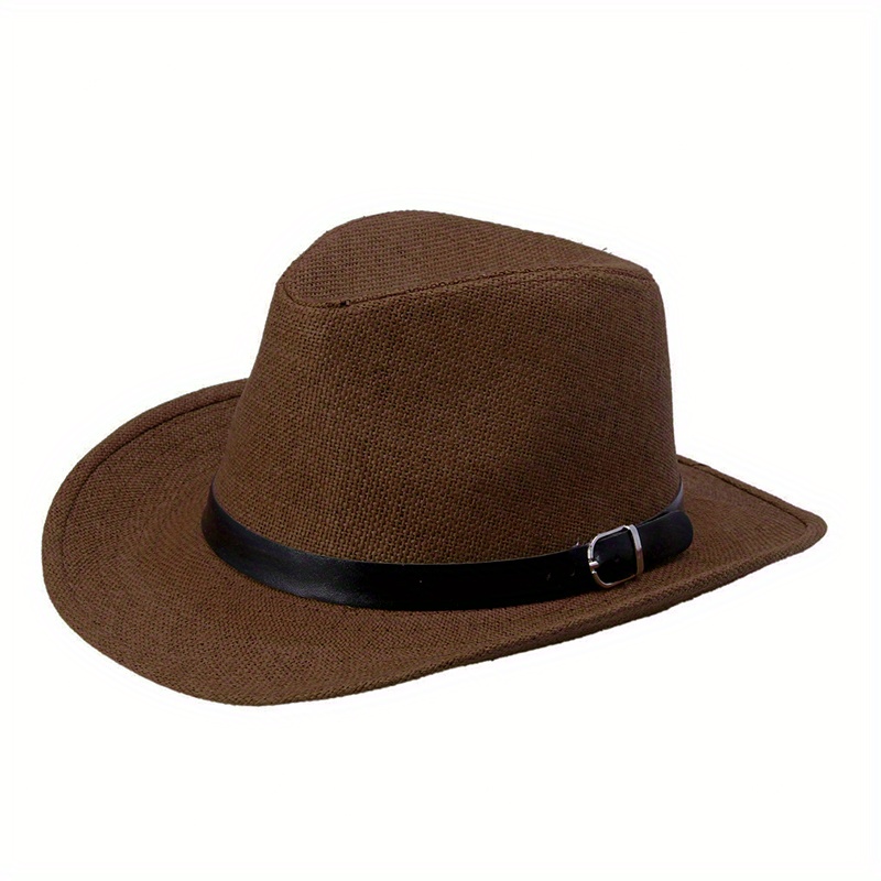 Western Cowboy Straw Fedora Belt Decor Wide Brim Sun Hat