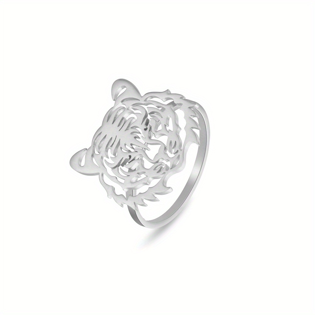 1pc Tiger Head Ring, Stainless Steel Hollow Out Animal Finger Ring