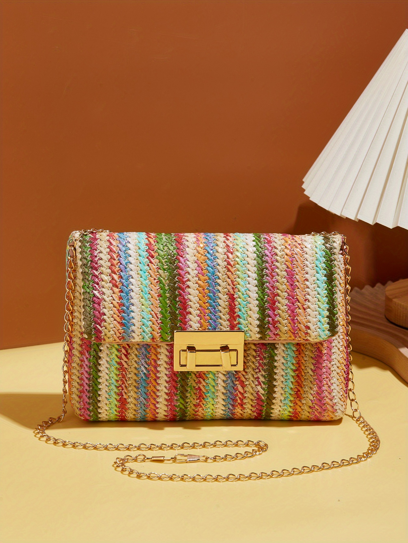 Colorful Straw Woven Beach Bag Fashion Chain Crossbody Bag Temu Canada