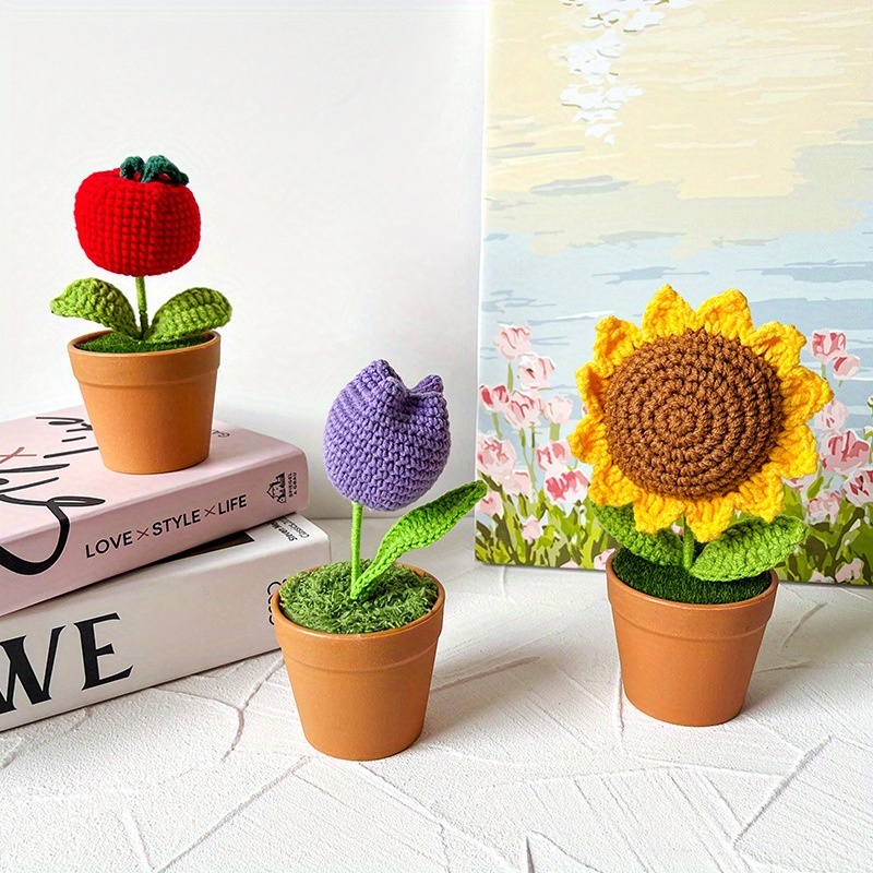 1pc Handmade Crocheted Sunflowers And Tulips Cute Potted Flower ...