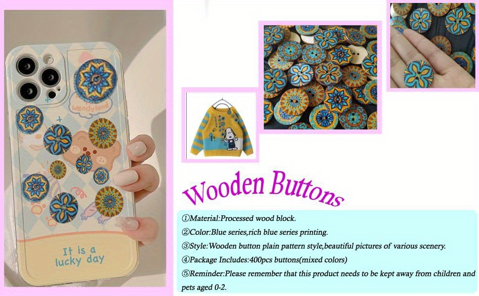 Wooden Sewing Buttons Blue Flower Painting Buttons With - Temu