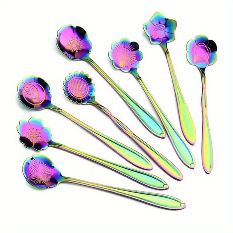 8pcs cute flower spoon set perfect for tea coffee ice cream and desserts stainless steel with golden and silver finish kitchen props for a chic and elegant dining experience details 0