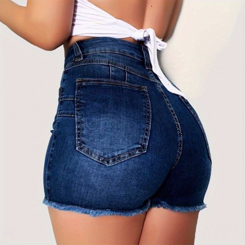 High Stretch Cuffed Fade Denim Shorts Slash Pocket Roll Hem - Temu