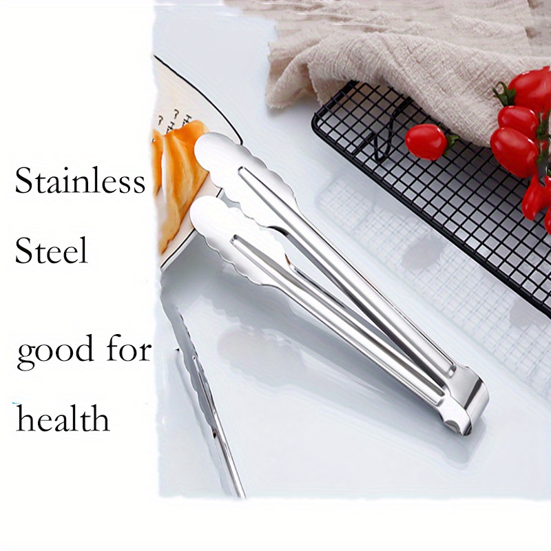 1pc food grade stainless steel kitchen tongs for cooking bbq heavy duty metal food tongs non slip grip multifunctional stainless steel food flipping tongs clip for beefsteak bread hamburger bbq meats pizza pies bread details 3