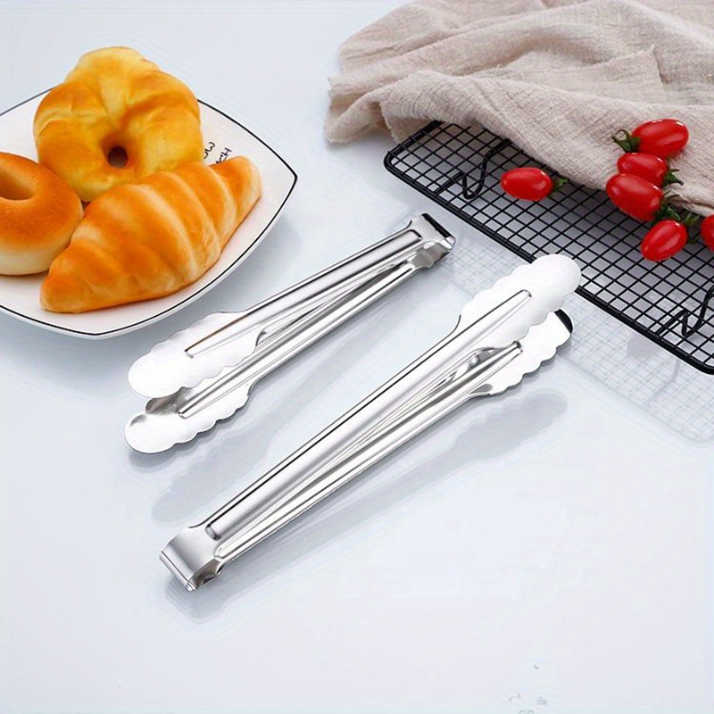 1pc food grade stainless steel kitchen tongs for cooking bbq heavy duty metal food tongs non slip grip multifunctional stainless steel food flipping tongs clip for beefsteak bread hamburger bbq meats pizza pies bread details 8