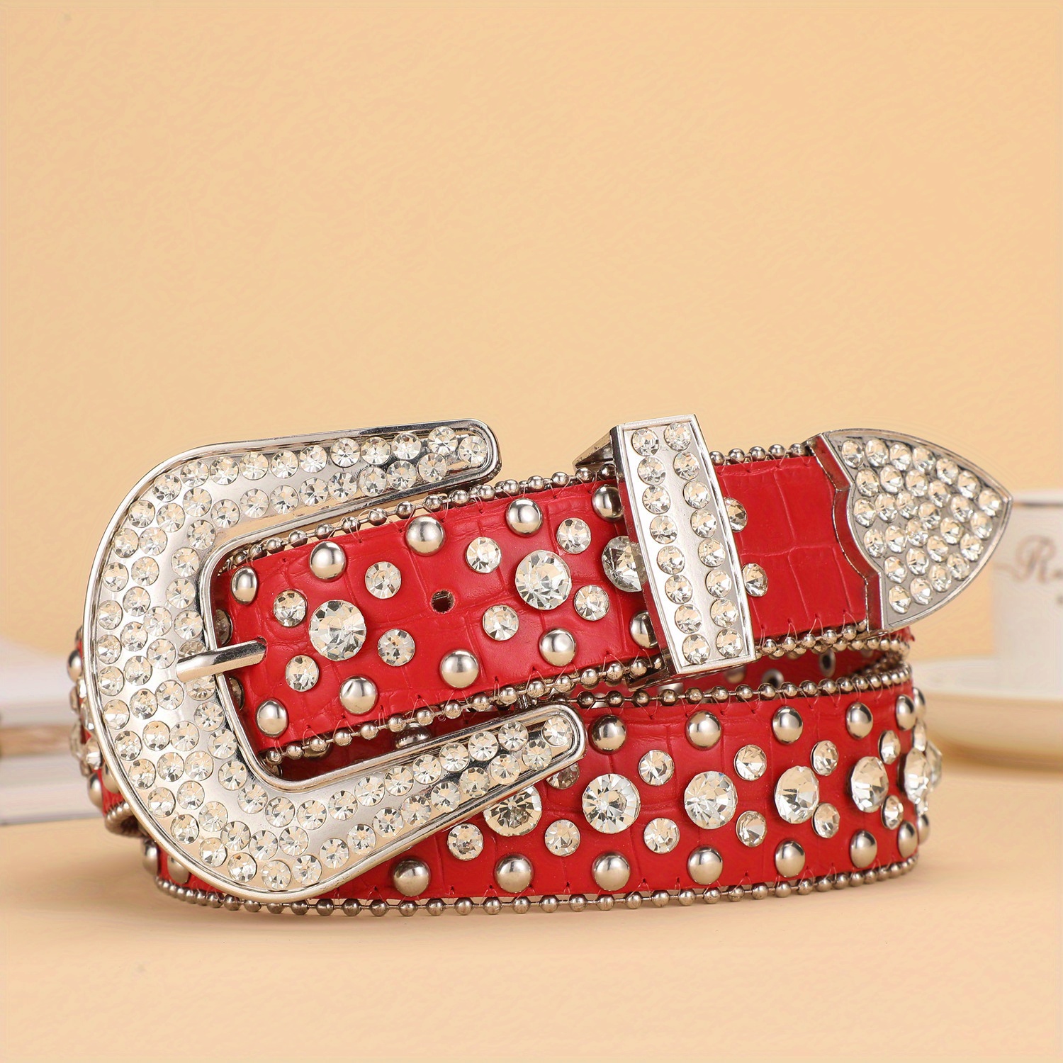 Pu Leather Rhinestone Belt Y2k Hip Hop Crocodile Grain - Temu