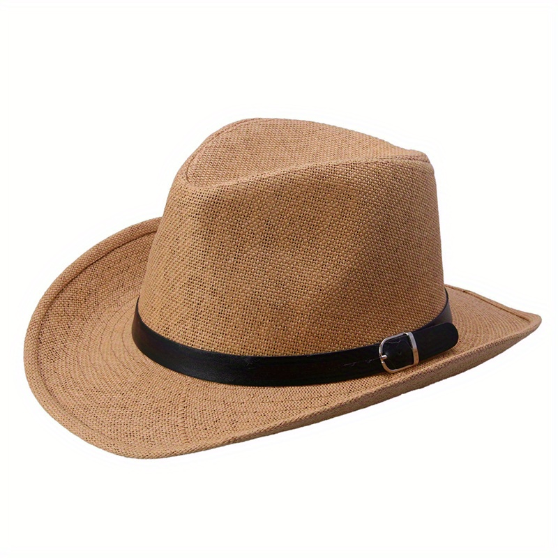 Western Cowboy Straw Fedora Belt Decor Wide Brim Sun Hat