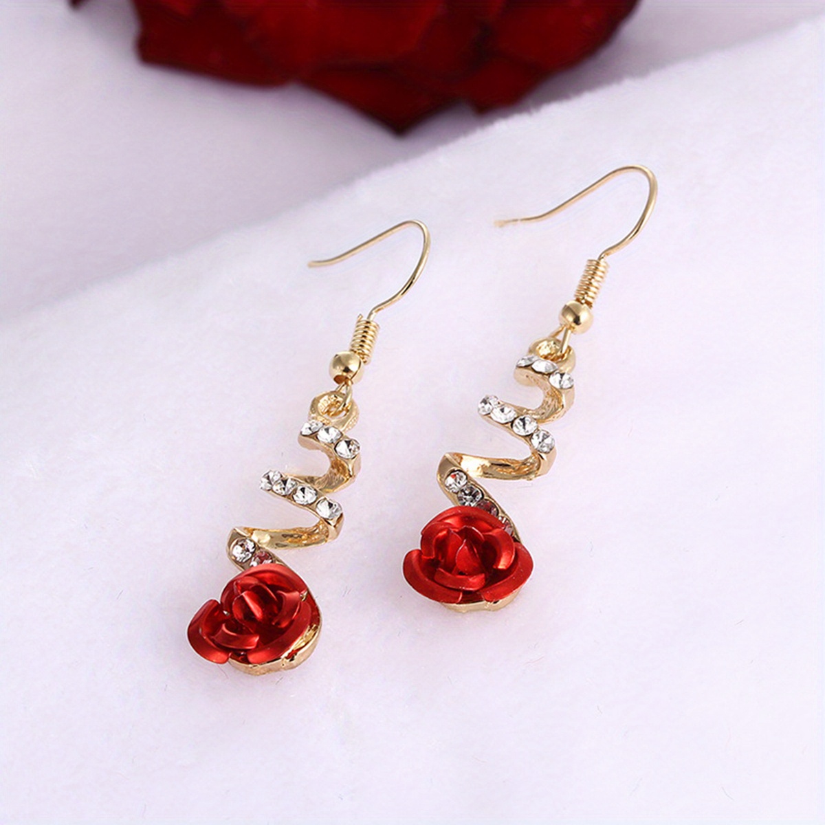 TEMU 1 Pair Women's Elegant Rose Earrings With Red , Accents & Golden-tone Metal Versatile For Daily Wear & Parties, Jewelry Accessories, Cute
