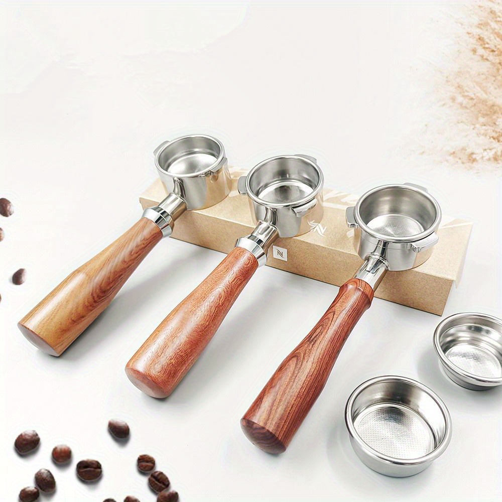 1pc coffee machine 304 stainless steel bottomless handle coffee machine accessories 51mm detachable two ears solid wood bottomless handle details 1
