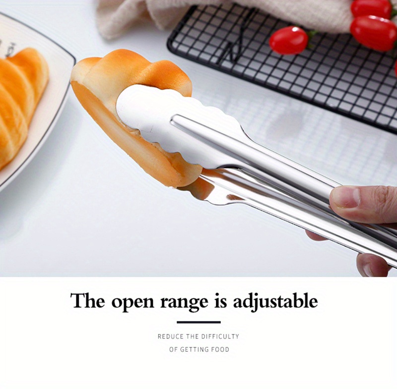 1pc food grade stainless steel kitchen tongs for cooking bbq heavy duty metal food tongs non slip grip multifunctional stainless steel food flipping tongs clip for beefsteak bread hamburger bbq meats pizza pies bread details 5