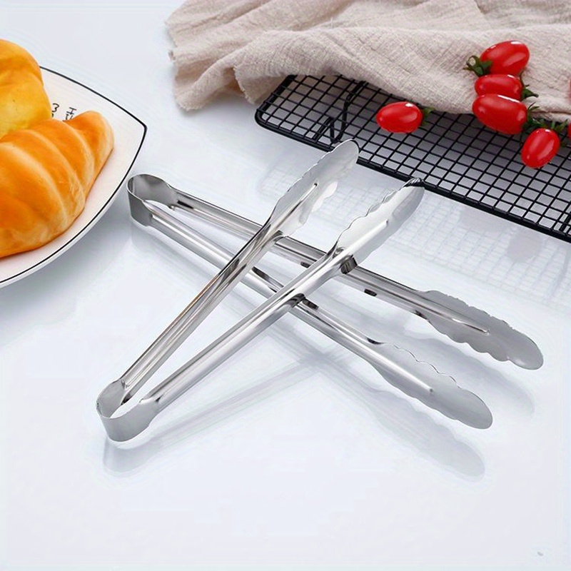 1pc food grade stainless steel kitchen tongs for cooking bbq heavy duty metal food tongs non slip grip multifunctional stainless steel food flipping tongs clip for beefsteak bread hamburger bbq meats pizza pies bread details 6