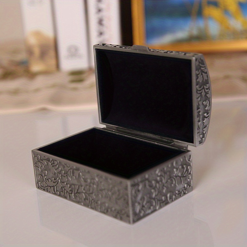 Small Rectangular Antique Silver Metal Jewelry Box / Treasure