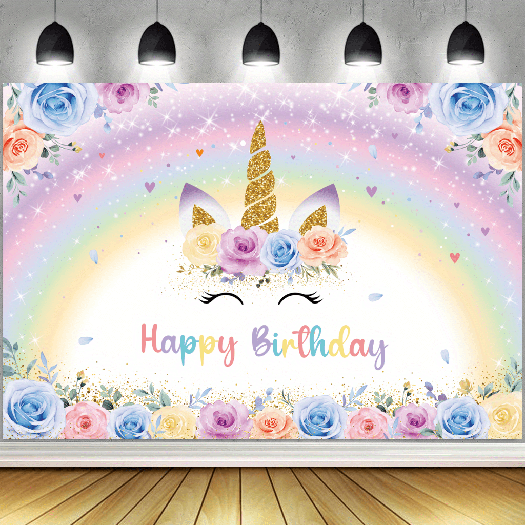Unicorn Birthday Backdrop - Rainbow Unicorn Party Decorations for