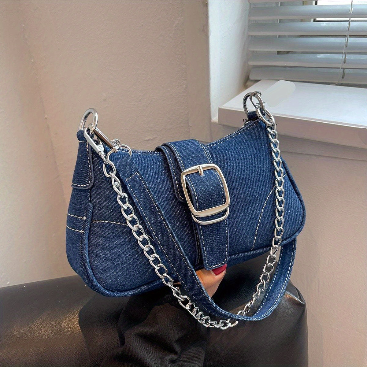 Women's Fashion Y2K Daily Rhinestones Decor Metal Chian Denim Shoulder  Underarm Baguette Bag In BLUE