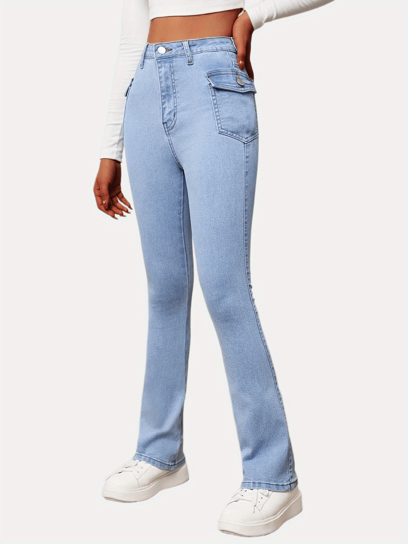 Side Flap Pocket High Bootcut Jeans Light Wash Blue - Temu