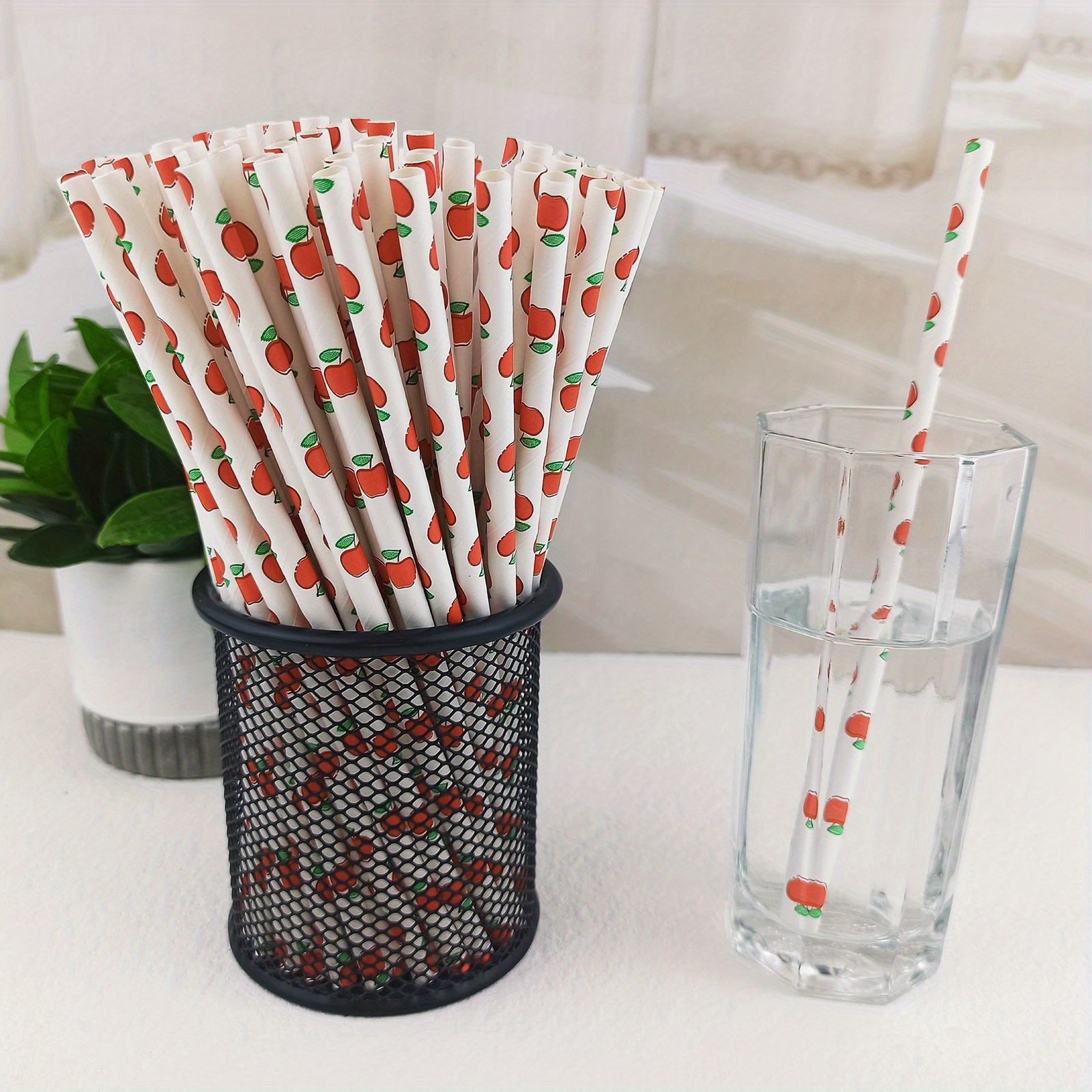 25pcs Fruit Pattern Disposable Straws Biodegradable Paper Drinking Straws