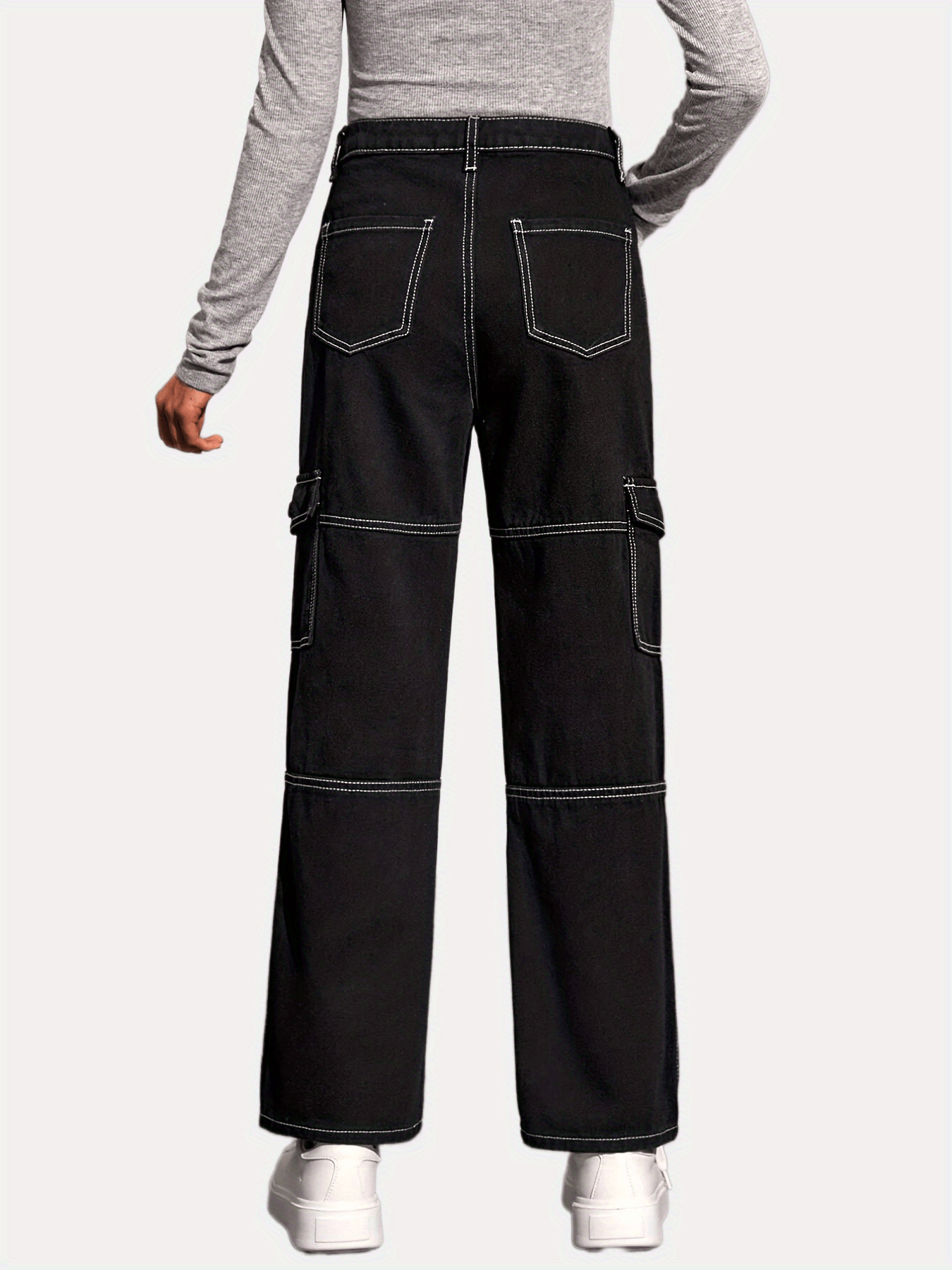 Black Flap Pockets Straight Cargo Jeans Zipper Button - Temu Canada