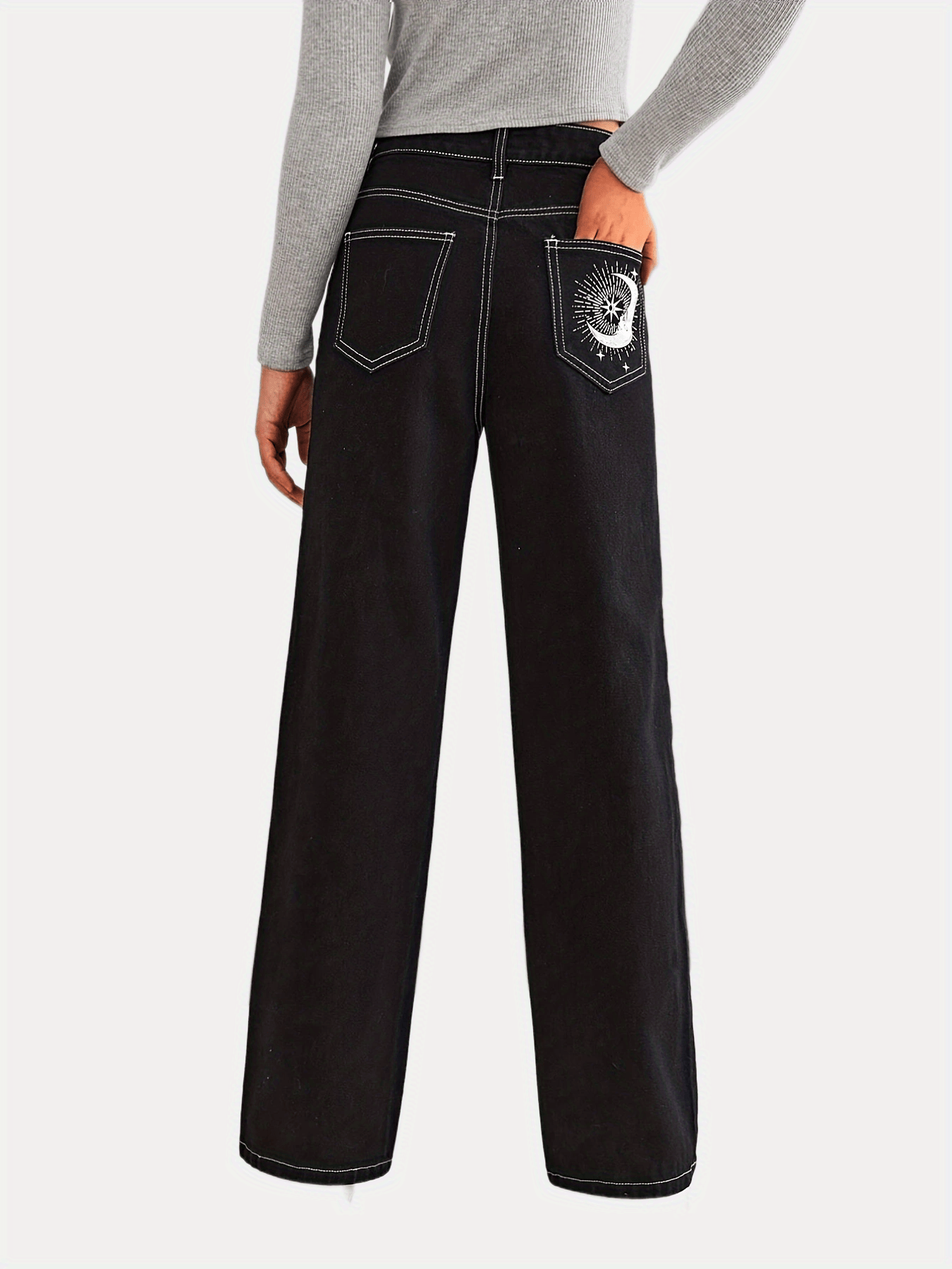 Pantalones De Mezclilla De Tiro Alto Con Estampado De Estrellas, Jeans  Ajustados Con Bolsillo Oblicuo De Estiramiento Alto, Jeans Y Ropa De Mujer