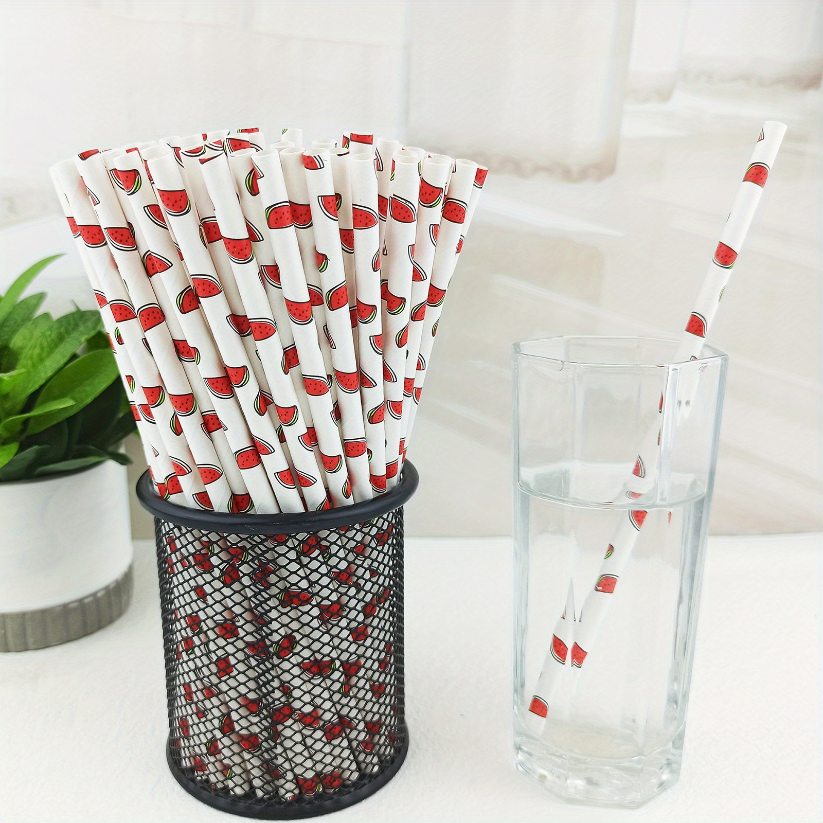 25pcs Fruit Pattern Disposable Straws Biodegradable Paper Drinking Straws