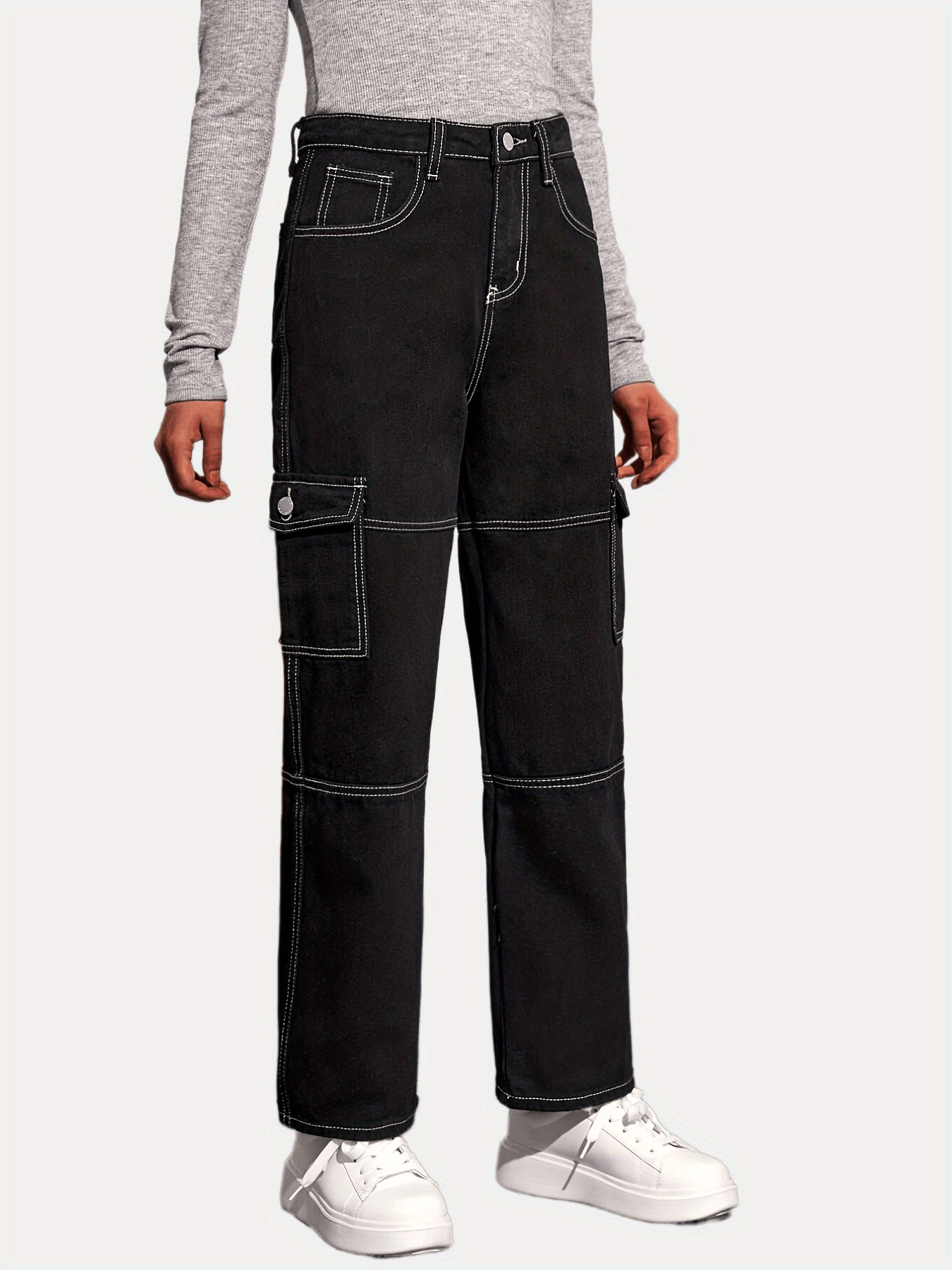 Flap Side Pocket Black High Waist Denim Pants Cargo Pocket - Temu Canada