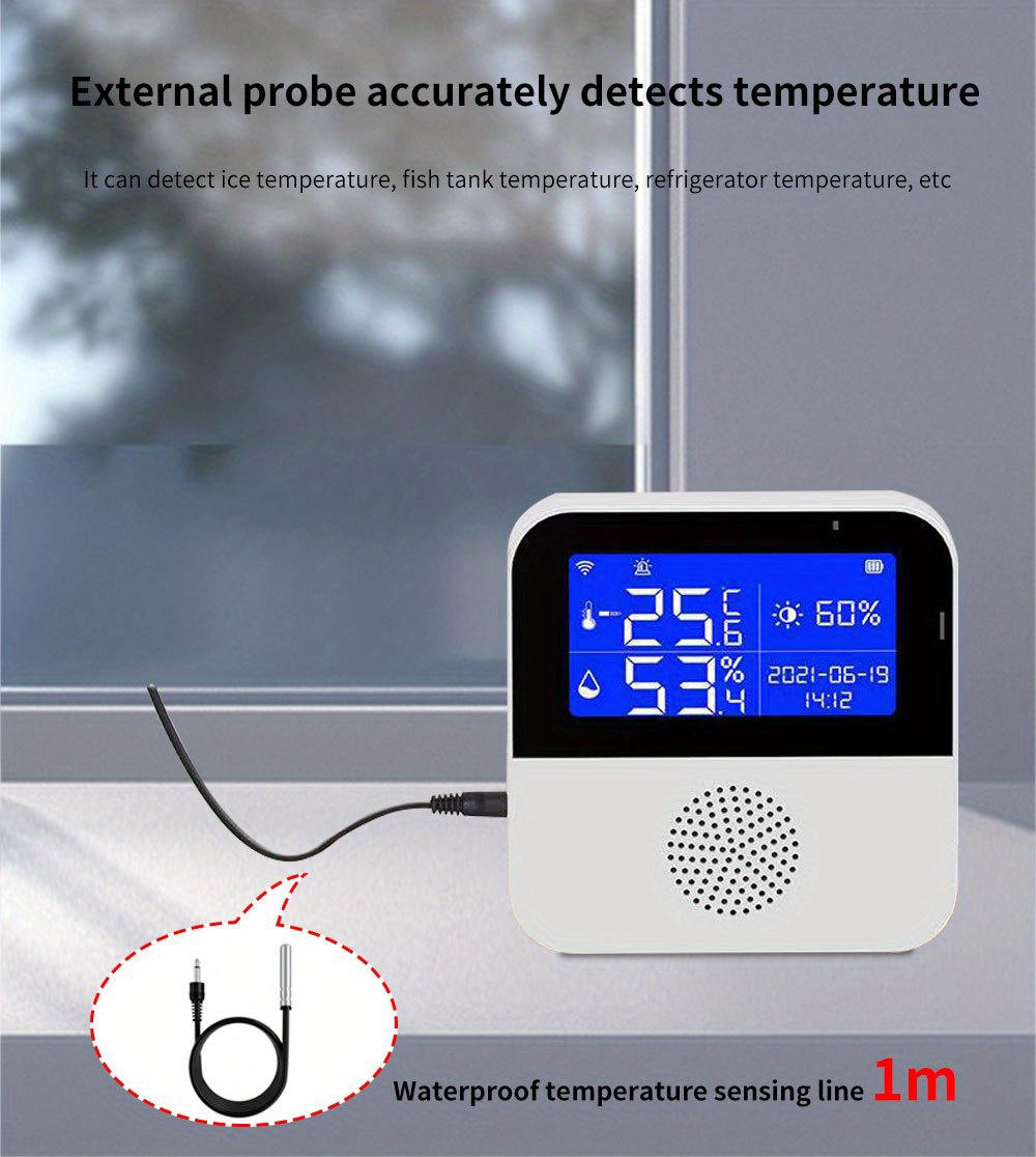 WiFi Temperature Sensor with Waterproof External Probe,Tuya Smart Temperature Humidity Monitor with Backlight LCD Display,Remote Monitor for