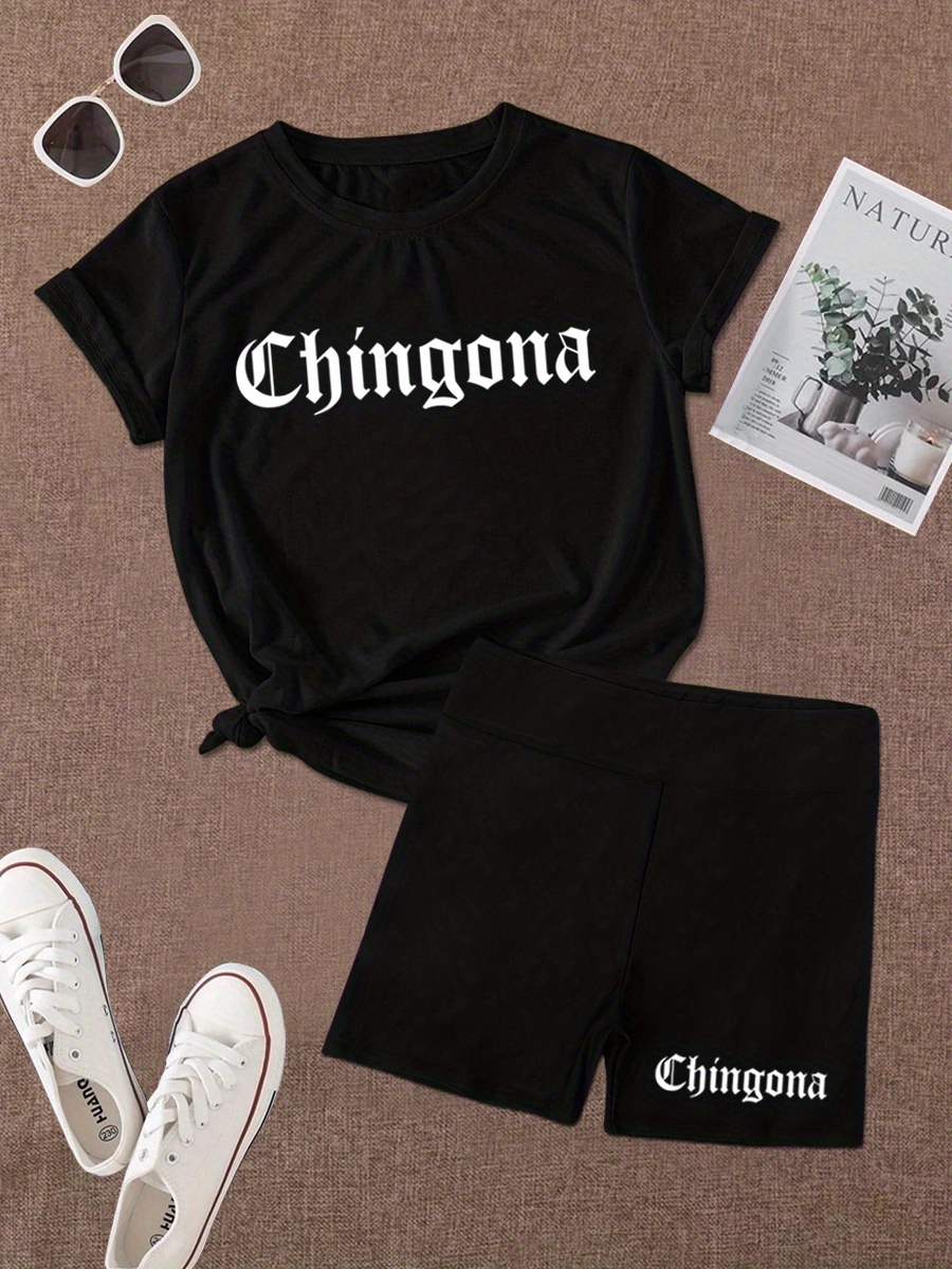 Chingona Print Two piece Set Short Sleeve T shirt Biker - Temu